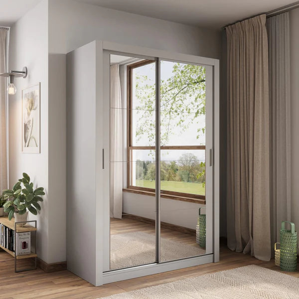 Grey sliding door wardrobe with two glass-panel doors and vertical metal handles