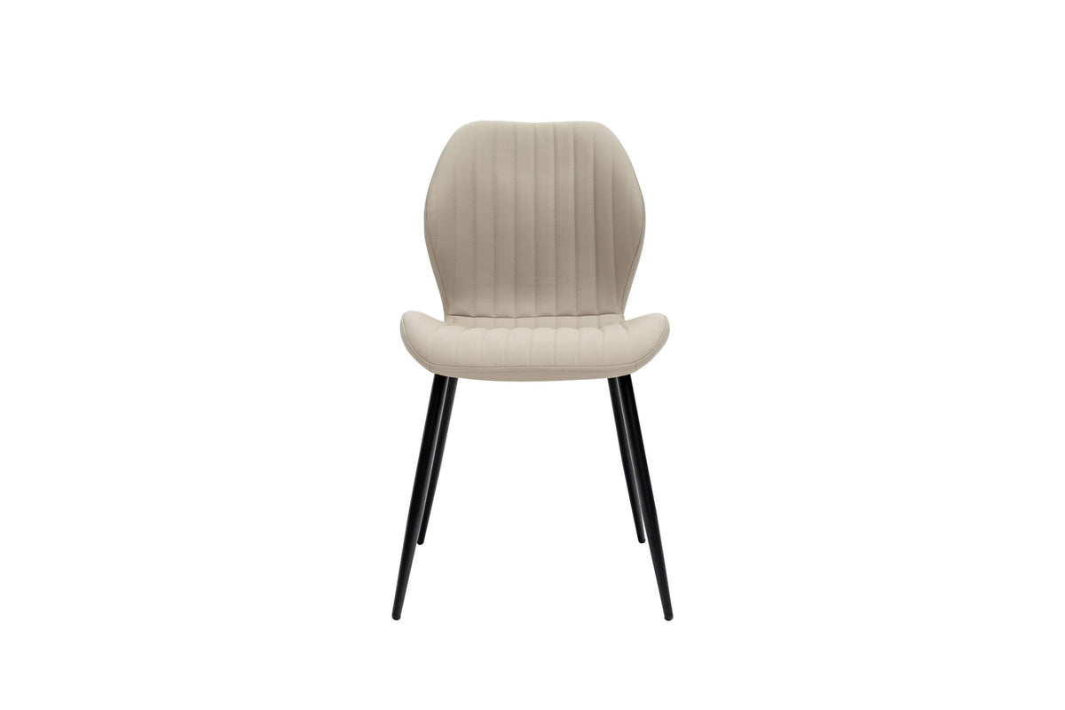 Beige faux leather dining chair with ribbed back and cushioned seat, black legs