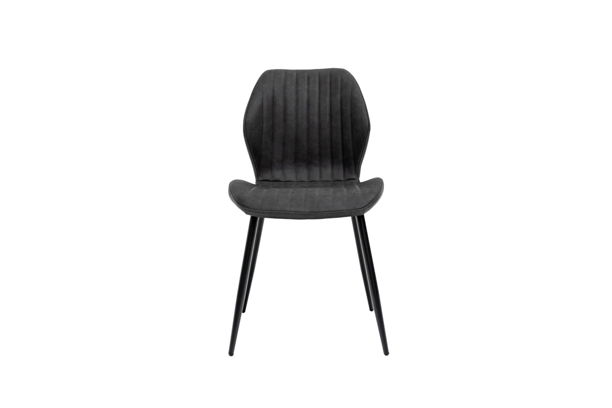 Charcoal faux leather dining chair with ribbed back, cushioned seat, black legs