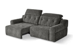 Grey fabric electric sofa with chaise extensions, plush arms, and tufted back