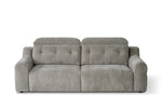 Grey fabric electric sofa with tufted back panels and wide padded seat base