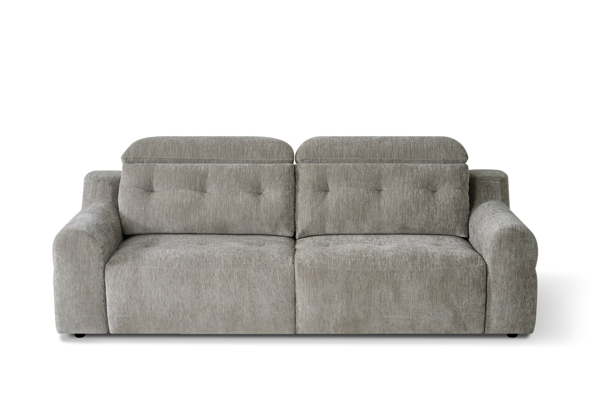 Grey fabric electric sofa with tufted back panels and wide padded seat base