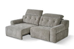 Grey fabric electric sofa with chaise style seat extensions and tufted back pillows