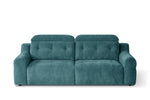 Teal electric sofa with tall backrests, tufted cushions, and blocky arm panels.