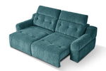 Teal electric sofa with chaise extension and tufted back cushions, angled view.