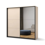 Sliding wardrobe with two-tone sliding doors in beige and dark gray