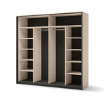 Sliding wardrobe with open partitions and side shelves, unfilled storage compartments