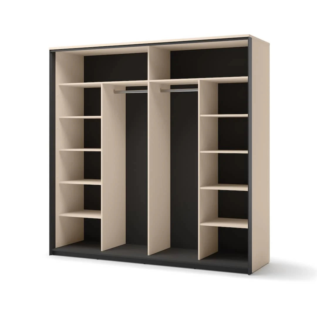 Sliding wardrobe with open partitions and side shelves, unfilled storage compartments