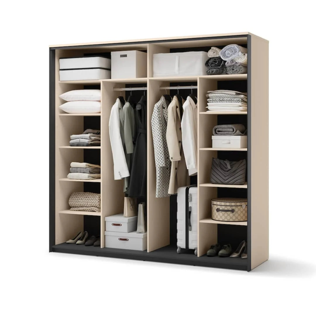 Sliding wardrobe with open shelves and compartments, showing hanging clothes and folded linens