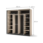 Sliding wardrobe interior layout with shelves and hanging space, with labeled measurements