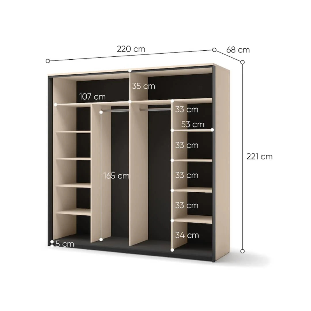 Sliding wardrobe interior layout with shelves and hanging space, with labeled measurements