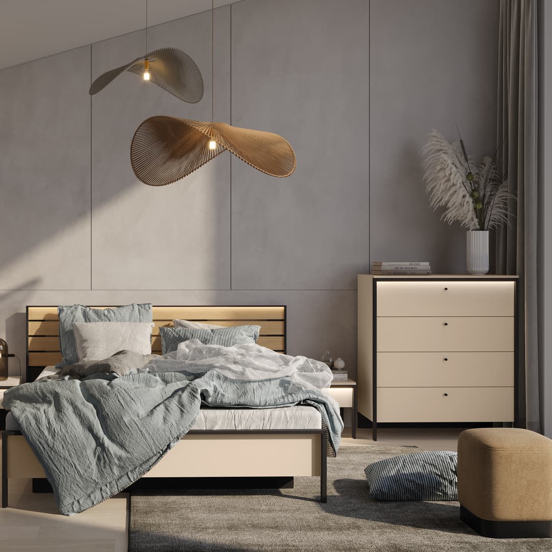 Beige chest of drawers with four drawers and black metal legs
