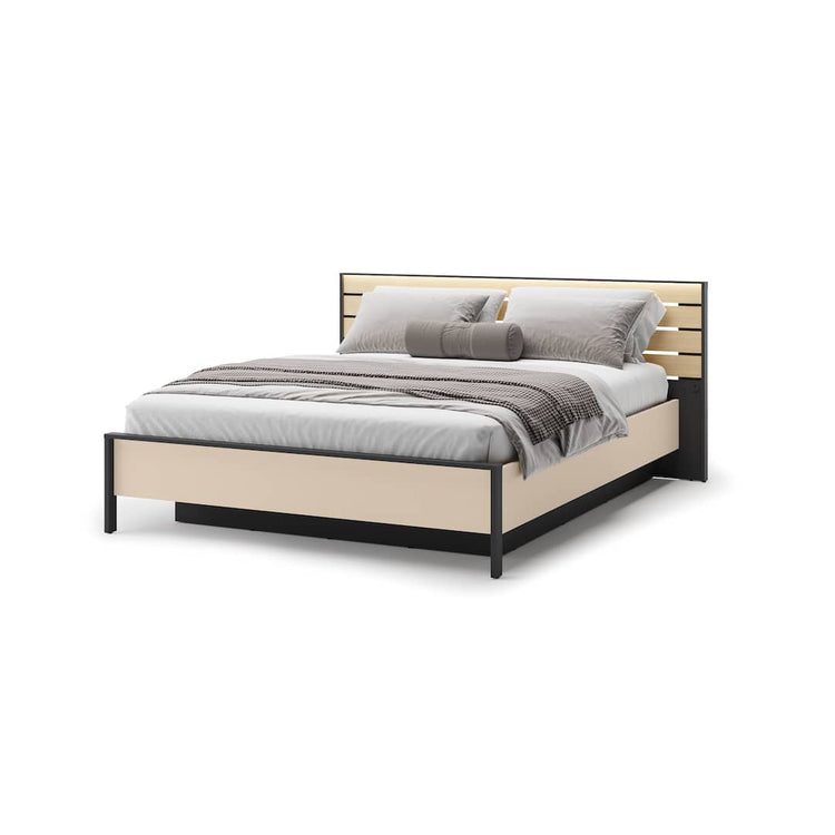 Ottoman bed frame with beige upholstered base, striped headboard slats, neatly made