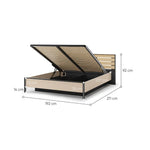 Ottoman bed with open lift base, beige interior, black frame, striped slats