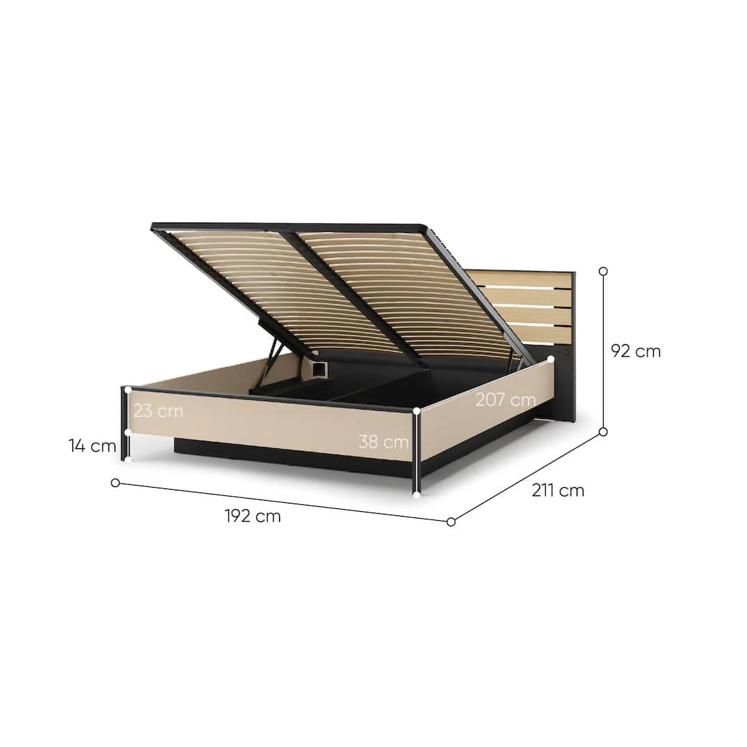 Ottoman bed with open lift base, beige interior, black frame, striped slats