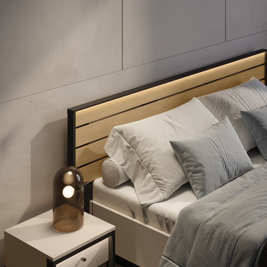Ottoman bed headboard with wooden slats and gray-and-white pillows on beige frame