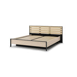 Ottoman bed frame with beige upholstered mattress surface and wooden slat headboard