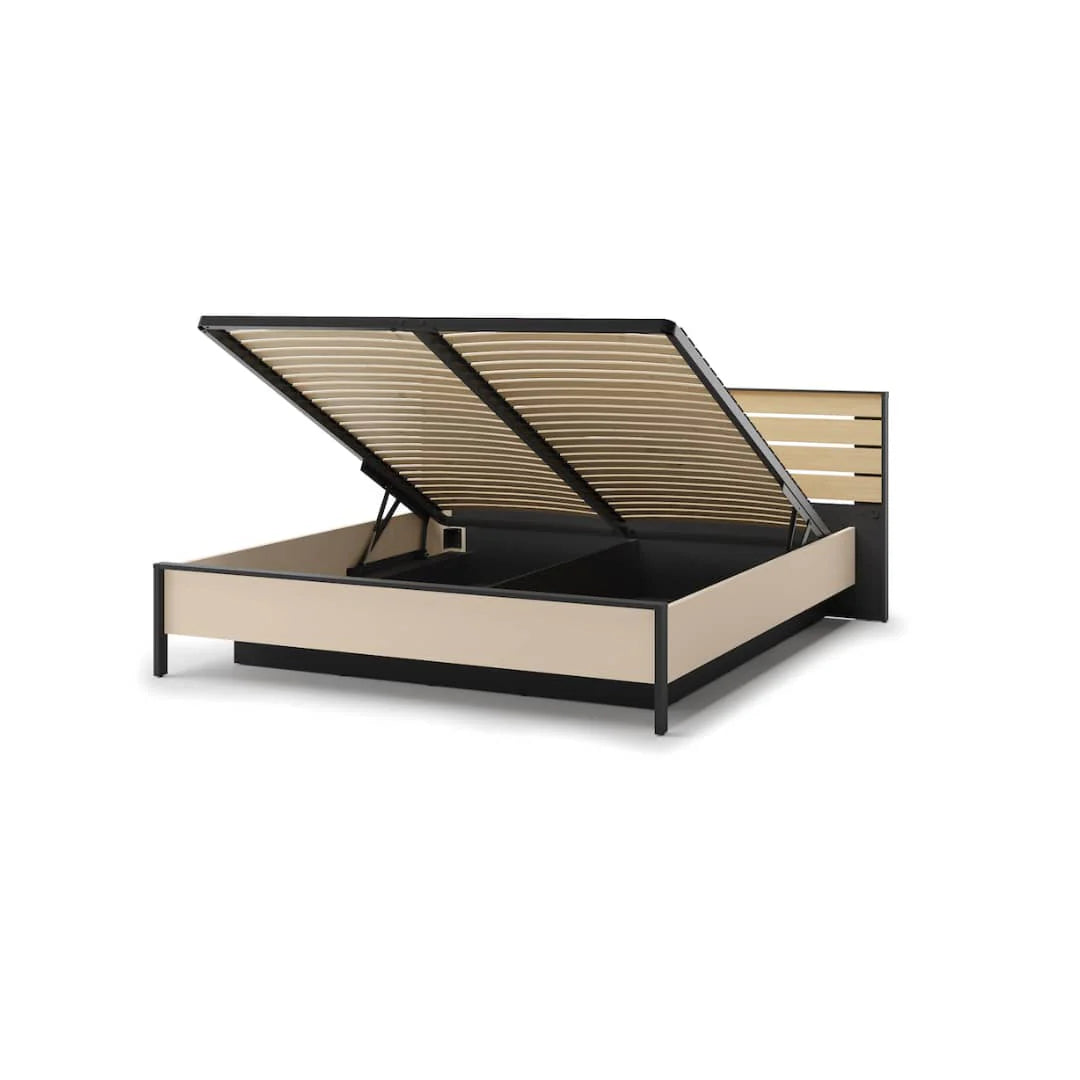 Hanna ottoman bed with beige upholstered base, black frame, and striped lift-up slats