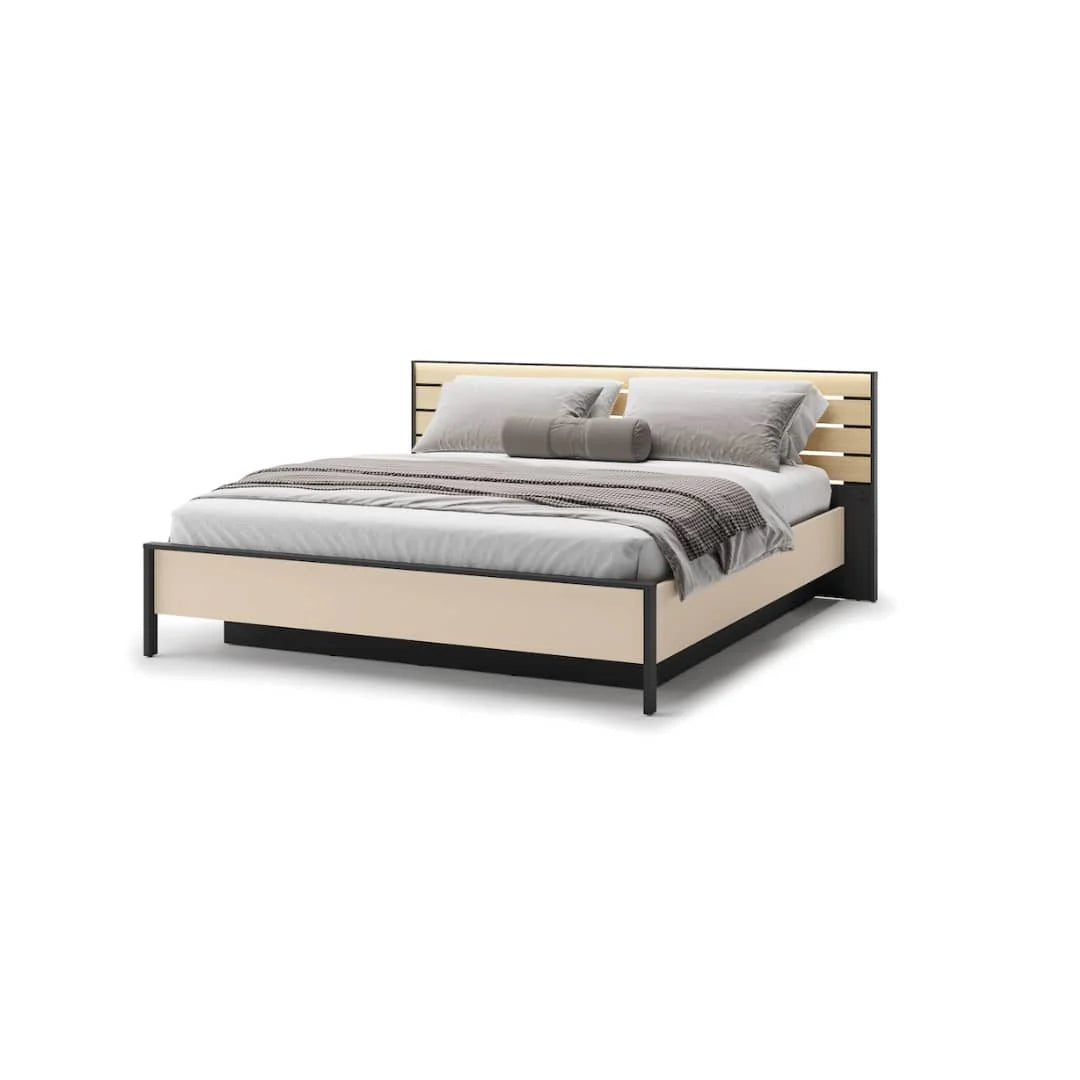 Ottoman bed frame with beige upholstered base, gray bedding, and striped headboard
