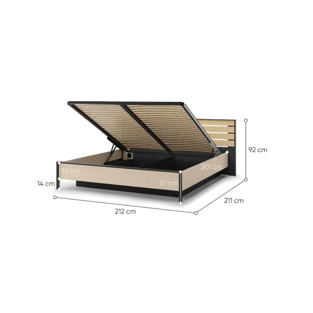 Ottoman bed frame with beige base, black legs, striped lift-up slats, dimensions shown