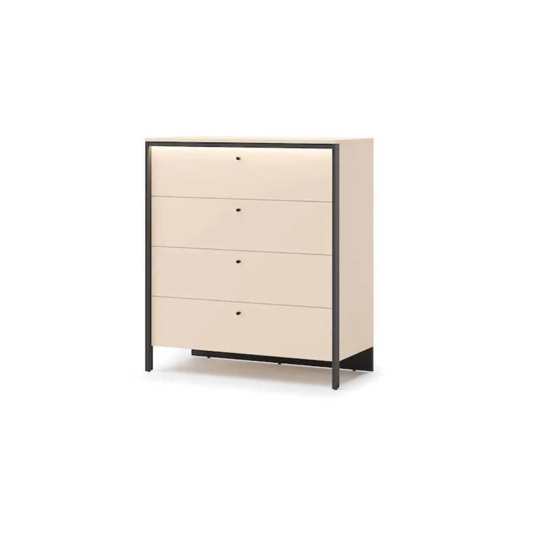 Beige chest of drawers with three drawers and black side frame