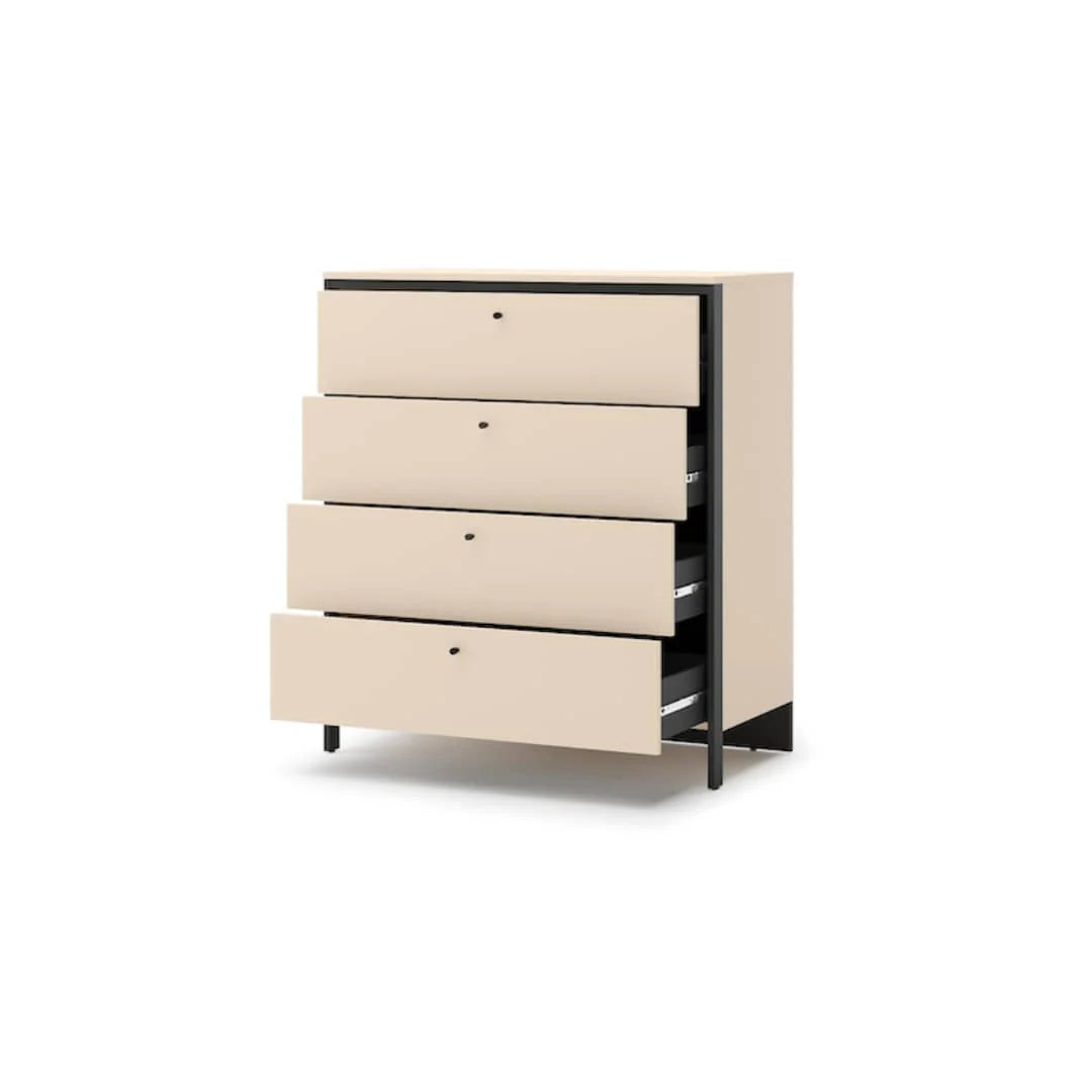 Beige chest of drawers with four drawers and black legs
