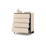 Beige chest of drawers with four drawers and black metal base