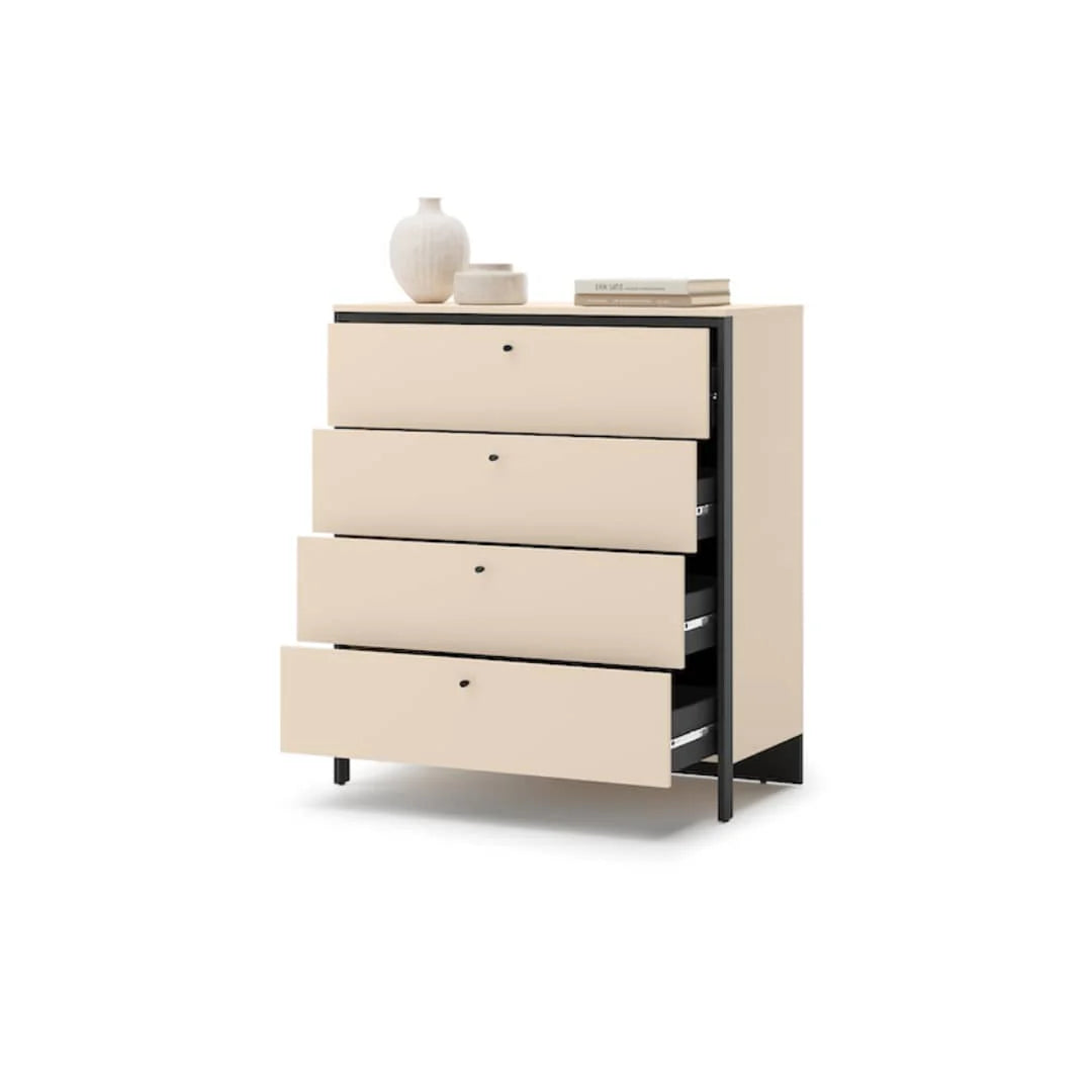 Beige chest of drawers with four drawers and black metal base