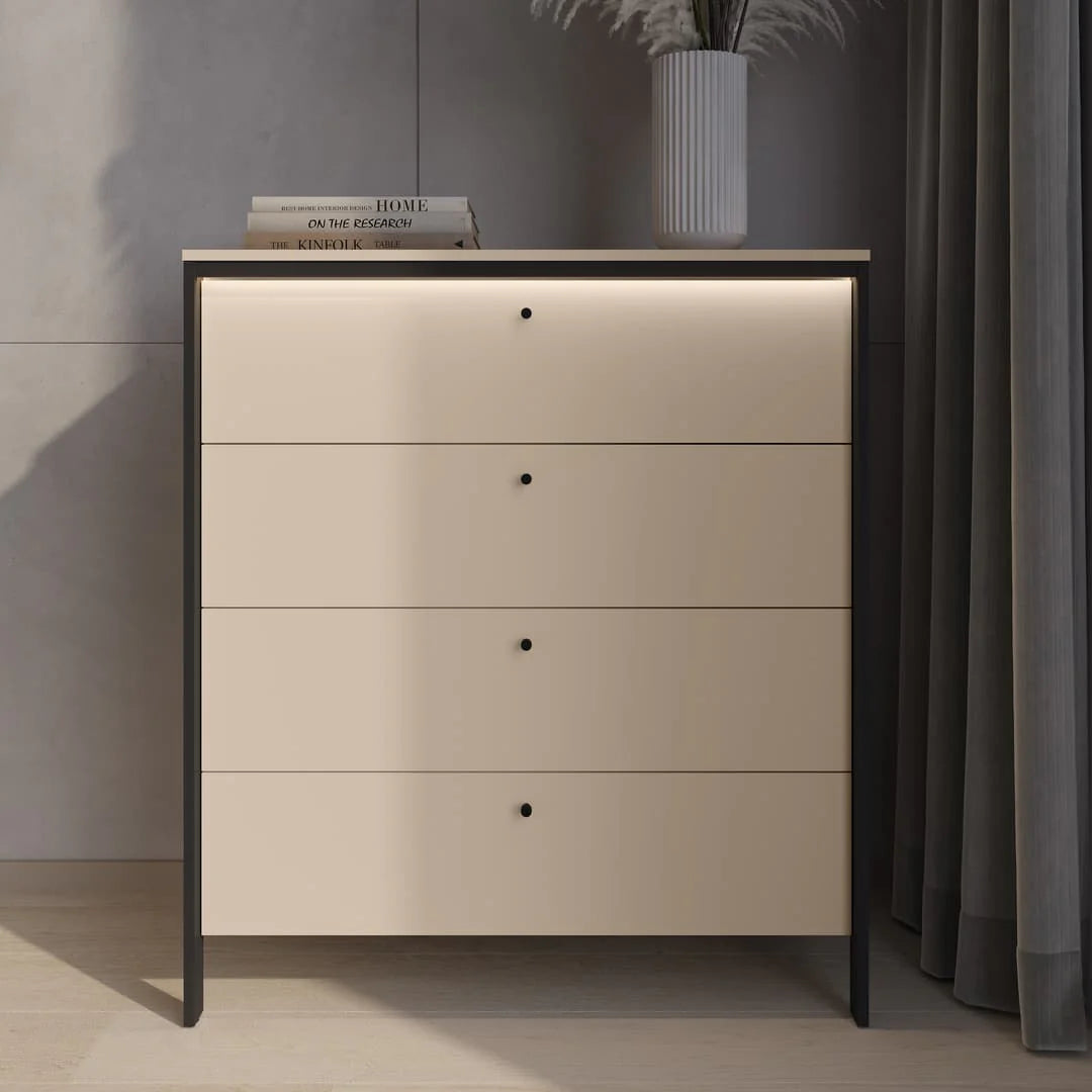 Beige chest of drawers with four drawers and black metal frame