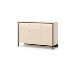 Beige sideboard chest of drawers with three front drawers, dark frame legs