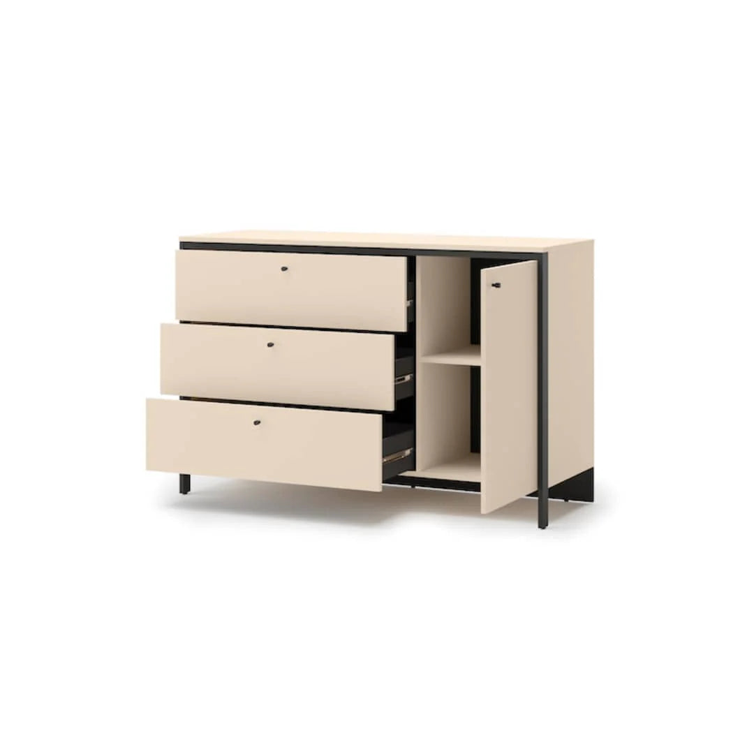 Beige chest of drawers with open side compartment and three drawers, dark legs