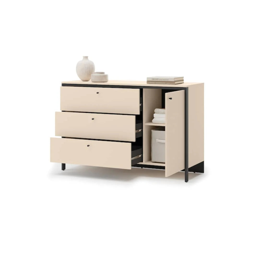 Beige chest of drawers with open side compartment and three drawers, dark legs