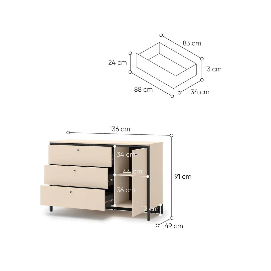 Chest of drawers with open door and dimension diagram, 136cm width