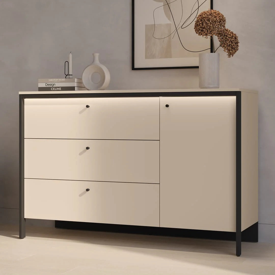Beige chest of drawers with one door and three front drawers, dark legs
