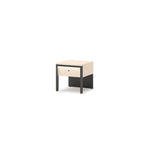 Beige and black bedside table with side drawer and open shelf, black legs.