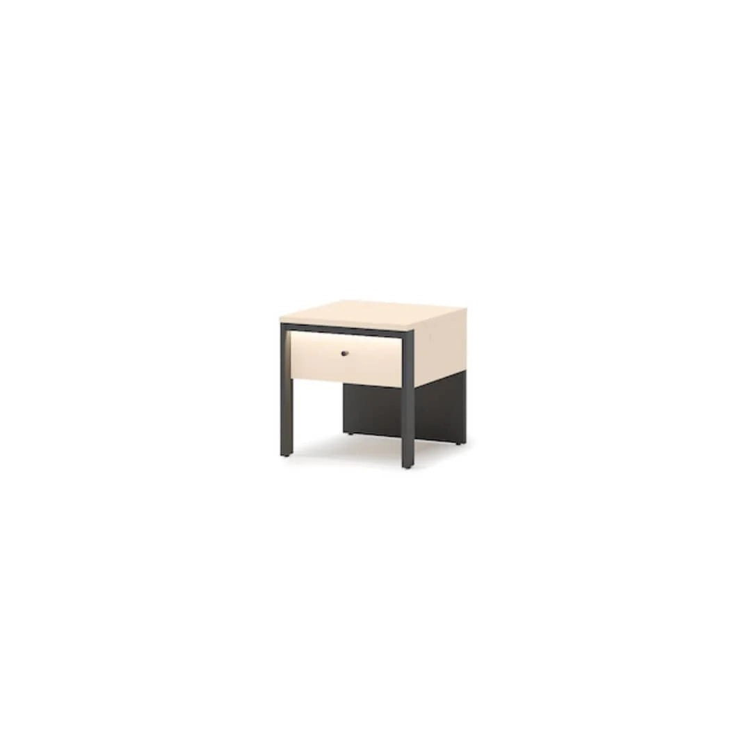 Beige and black bedside table with side drawer and open shelf, black legs.