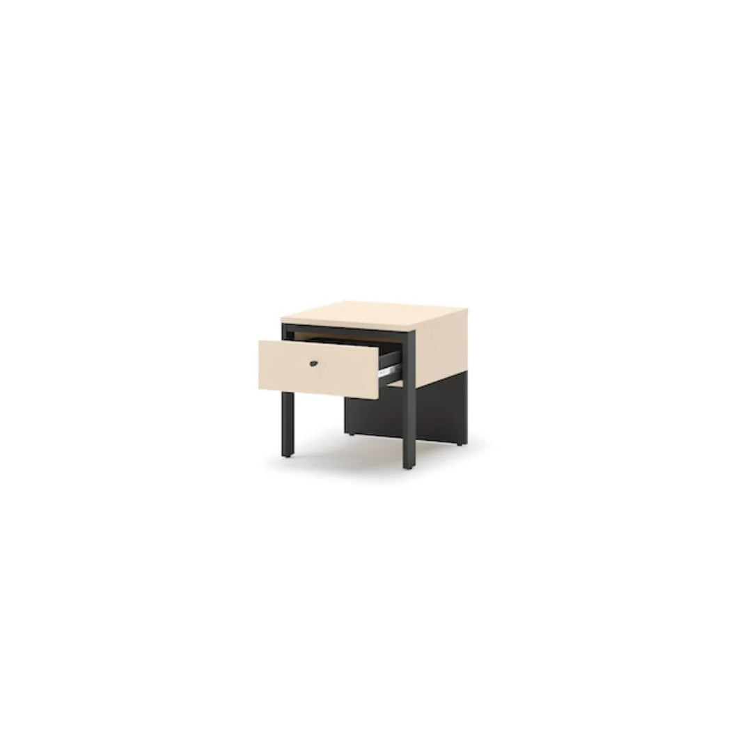 Beige and black bedside table with drawer, open base, and black tapered legs.