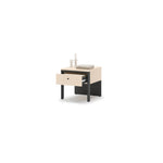 Beige and black bedside table with drawer front and open compartment, black legs.