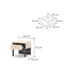 Bedside table dimensions diagram with drawer; 40 cm height and 40 cm width.
