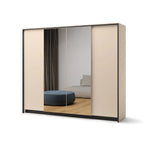 Beige sliding door wardrobe with open center panel showing interior shelves