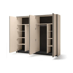 Beige wardrobe with sliding doors open, multiple adjustable shelves inside