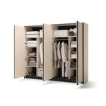 Beige wardrobe with sliding doors open, interior shelves holding folded clothes