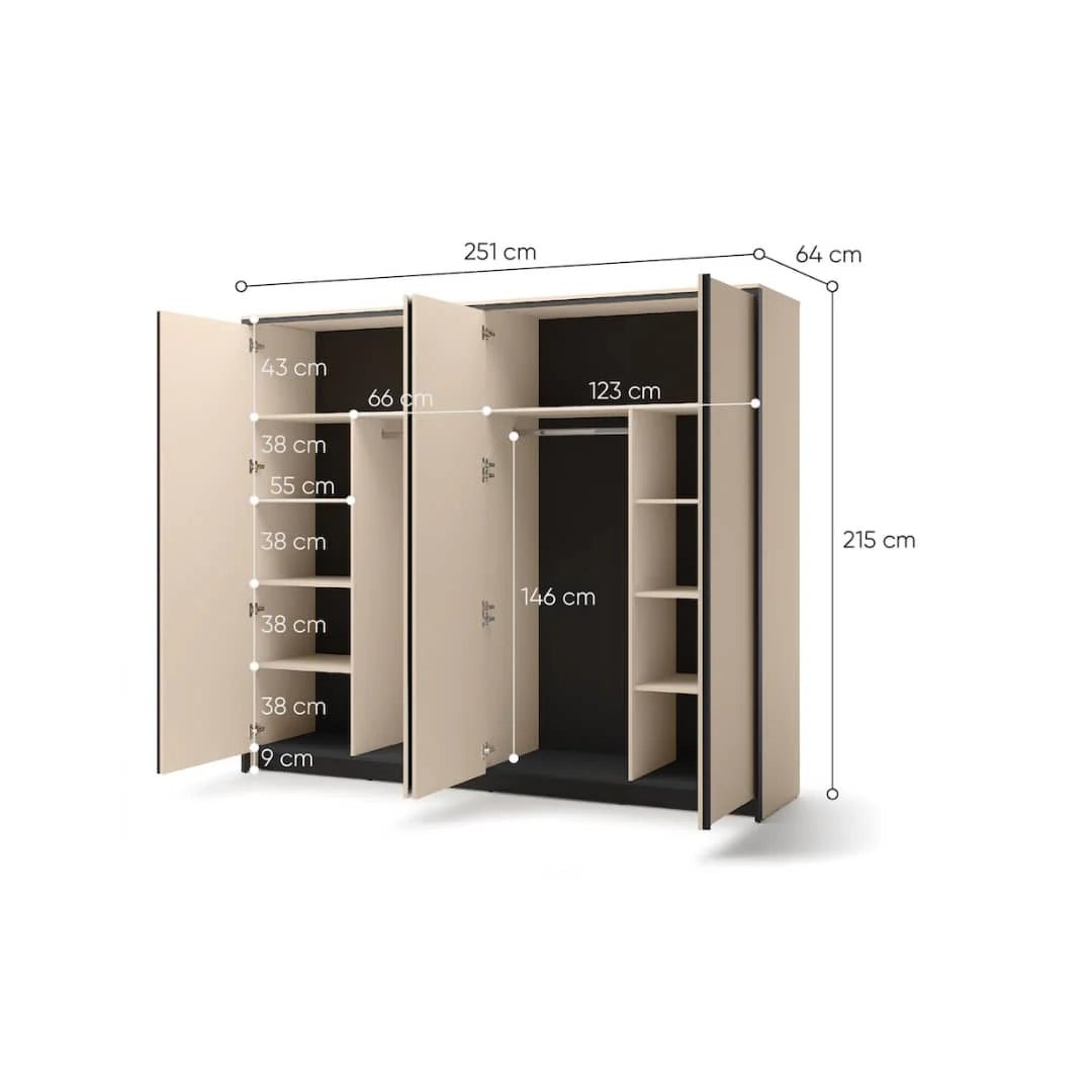 Beige sliding door wardrobe with interior layout and size labels (251cm, 215cm)