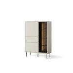 White display cabinet with full-height glass door and slim metal legs, two shelves inside.