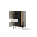 White cabinet with glass-front door open, two hinged doors revealing shelves and cabinetry.