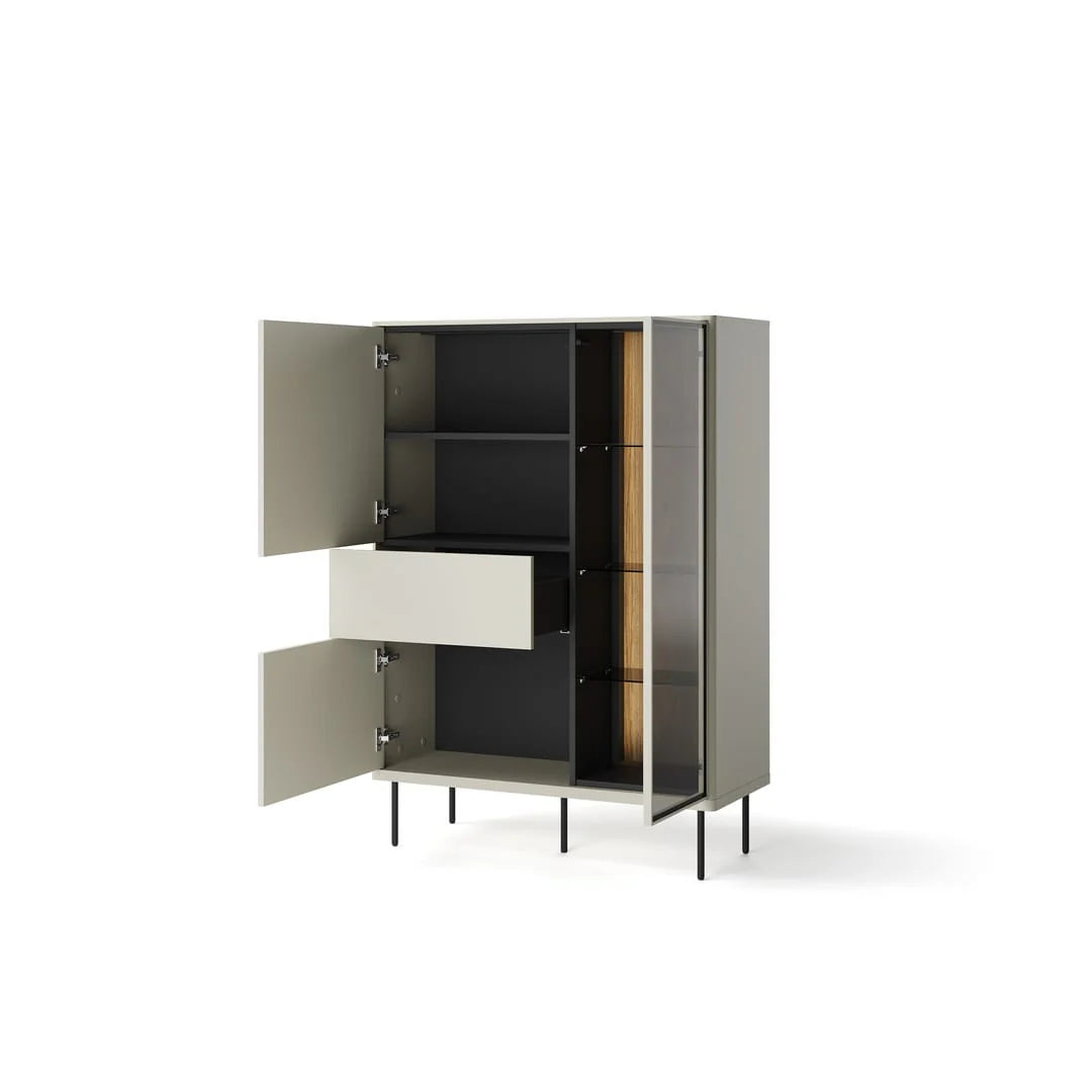 White cabinet with glass-front door open, two hinged doors revealing shelves and cabinetry.
