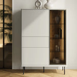 White sideboard-style cabinet with tall glass door showing dark wood interior shelves.