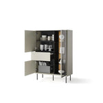 White display cabinet with glass door open, shelves with cups, decor, and book tray.