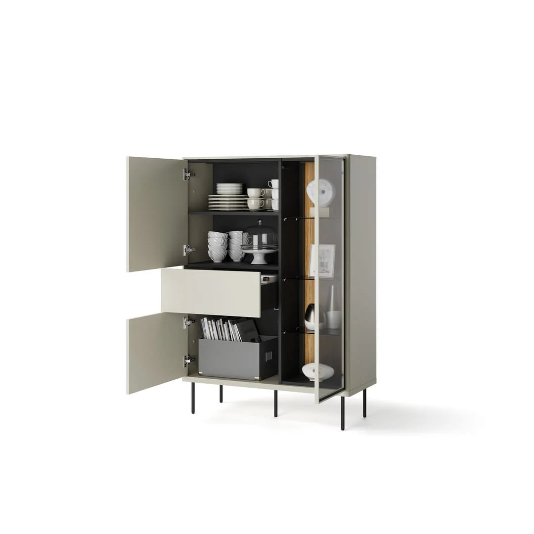 White display cabinet with glass door open, shelves with cups, decor, and book tray.