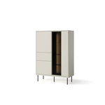 Light grey display cabinet with tall partial glass door and four slim legs